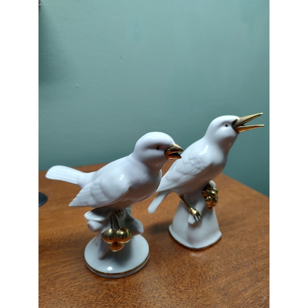 2 Vintage Erphila White Birds Gold Trim Germany about 5" tall
